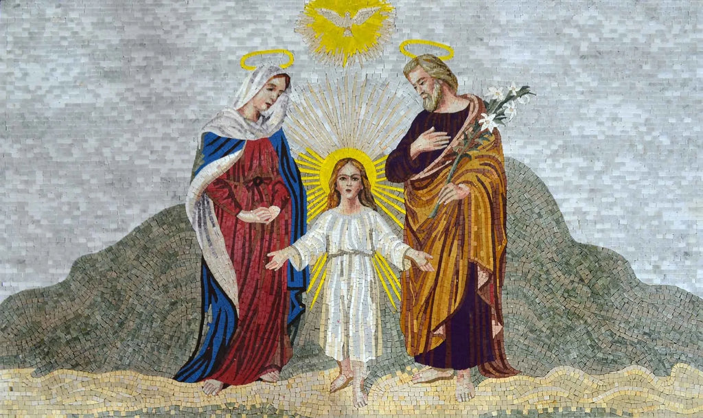 Jésus avec Marie et Joseph Art de la mosaïque en marbre