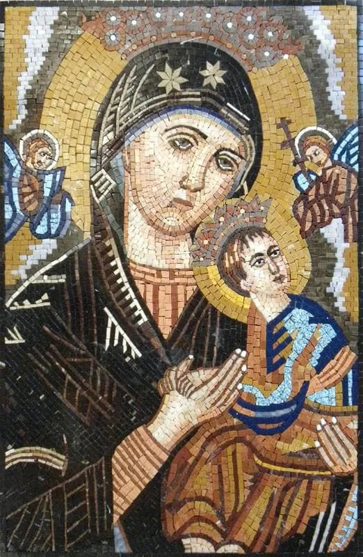 Reproduction de mosaïque emblématique de Marie et Jésus