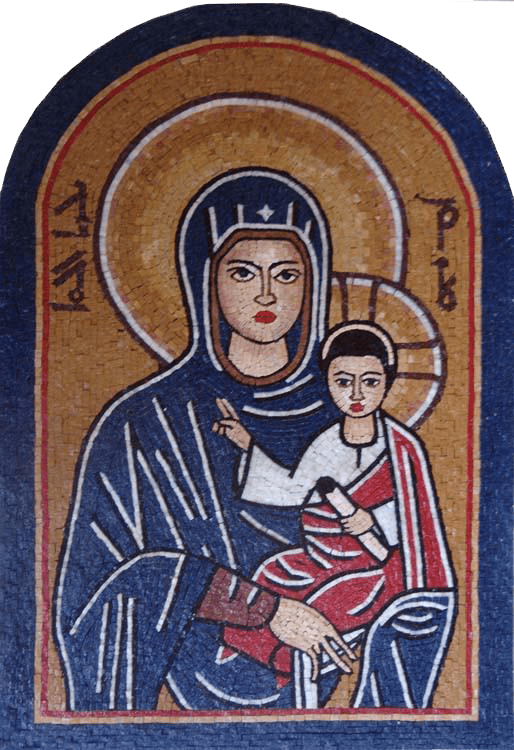 Mosaico de mármol de María y Jesús