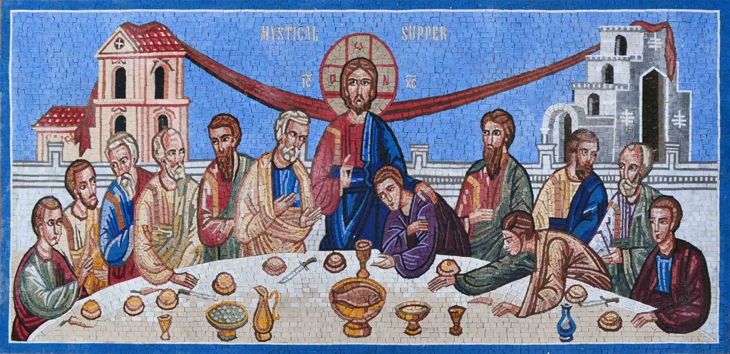 Arte cristiano del mosaico de mármol de la cena mística
