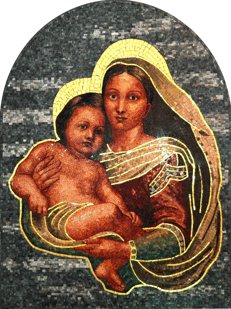 Mural em mosaico religioso com design arqueado