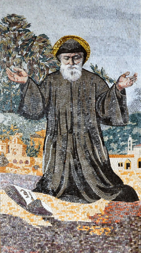 Saint Charbel Icon - Marble Mosaic Religious - Mesh Backing