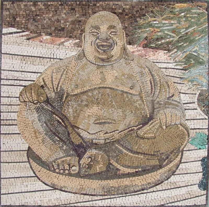 Mural de mosaico del Buda que ríe