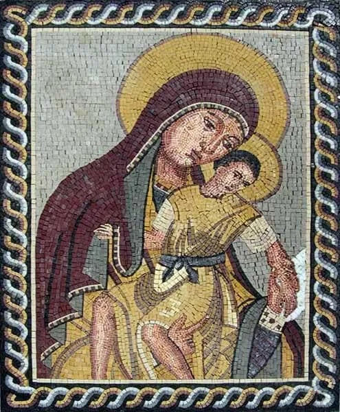 Mosaico incorniciato della Vergine Maria e Gesù Bambino