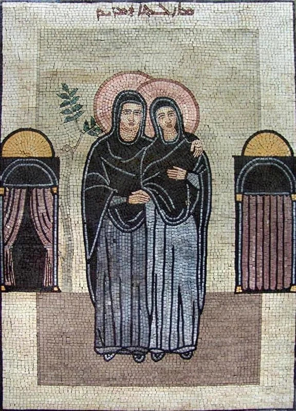Arte em mosaico de mármore ícone da Virgem Maria e Isabel