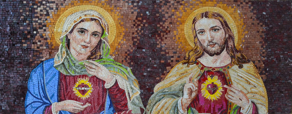 Mosaico religioso de mármol de la Virgen María y Jesús Sagrados Corazones