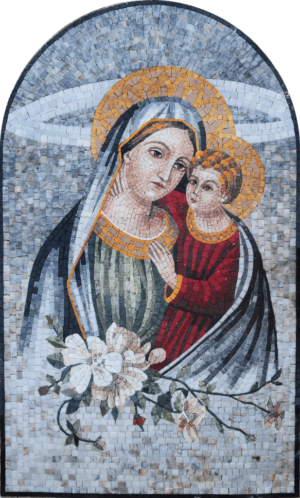 Mosaico Virgen María y Flores Blancas