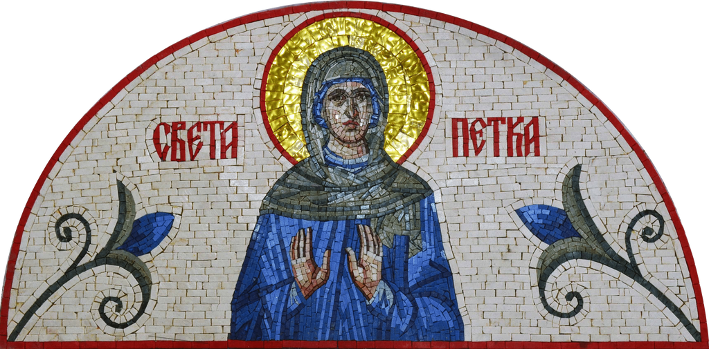 Mosaico religioso de mármore em forma de arco da Virgem Maria