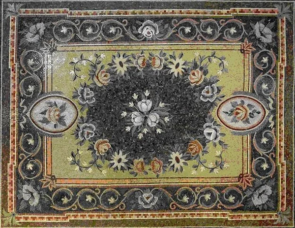 Floral Medallion Rug - Black & Gold Marble Mosaic - Mesh Backing