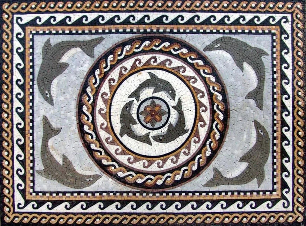 Nautical Dolphins Mosaic Art Tile Rug Floor Wall Tabletop