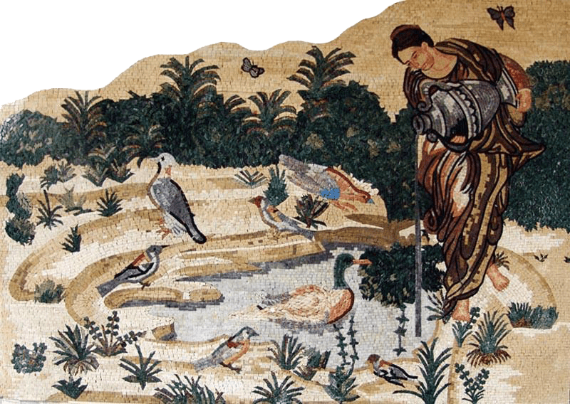 Antiga cena de mulher com um frasco de mosaico de mármore