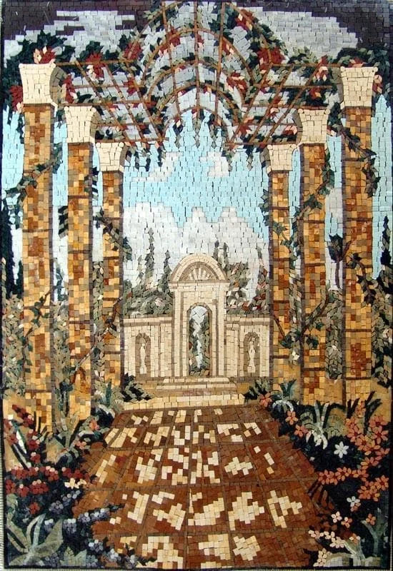 Mosaico hecho a mano de la escena del patio trasero