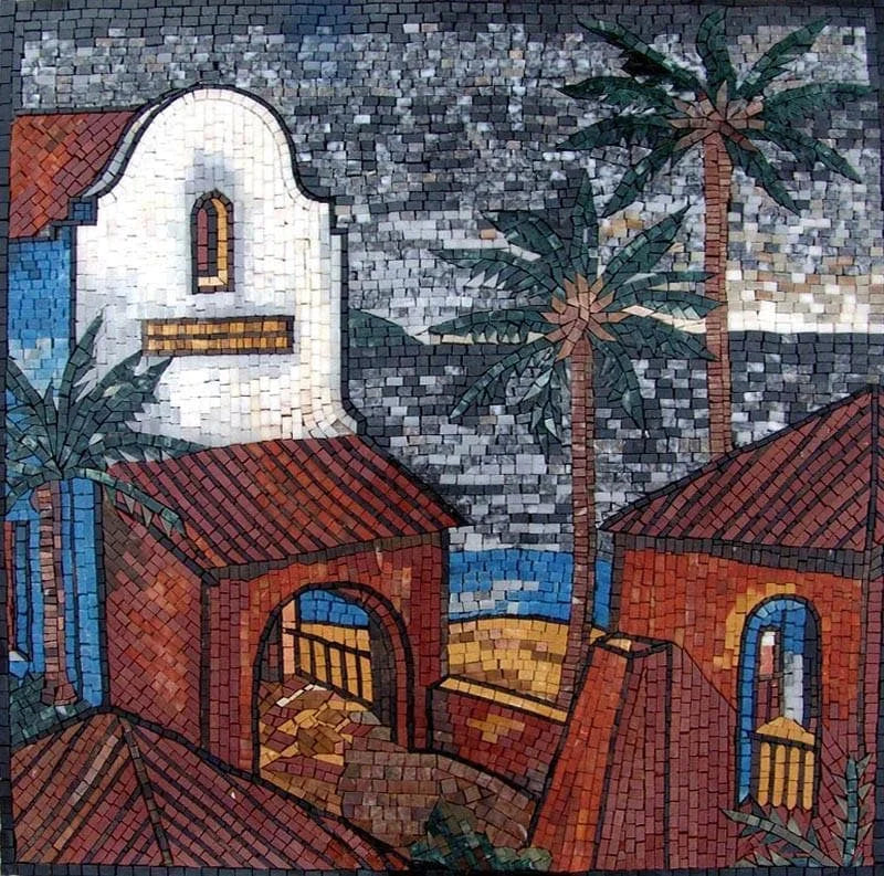 Mosaico de mármol de casas de playa y palmeras