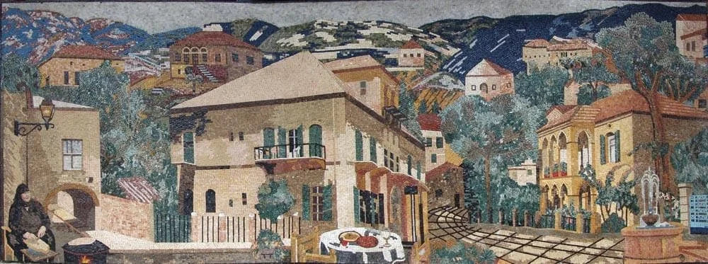 Mosaico in pietra con scena naturale del bellissimo villaggio
