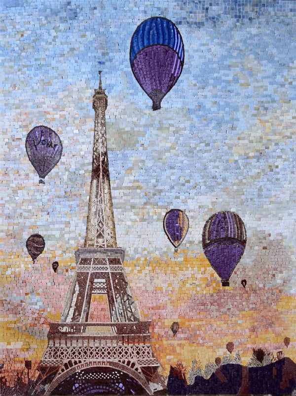 Eiffel Tower Hot Air Balloons - Marble Mosaic - Mesh Backing