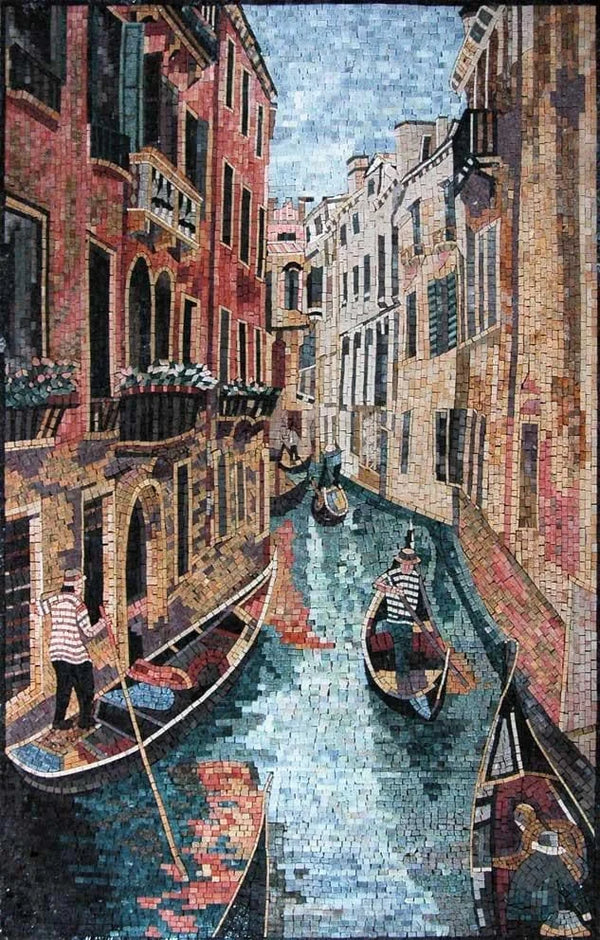 Venice Grand Canal View - Marble Mosaic Portrait Fascinating Italy Handmade Luxury Art - Mesh Backing