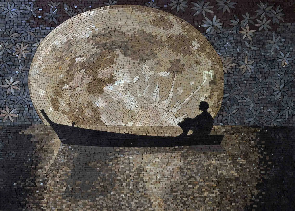 Arte feita à mão em mosaico de mármore da lua cheia