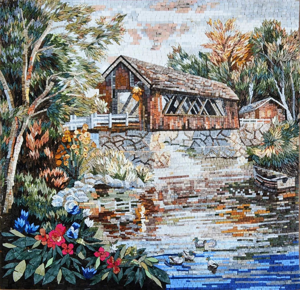 Casa junto al lago con plantas de colores en azulejos murales de mosaico de mármol
