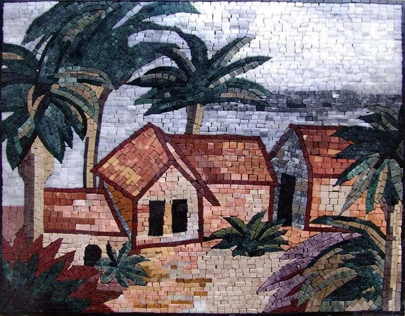Casas e palmeiras em mosaico de mármore