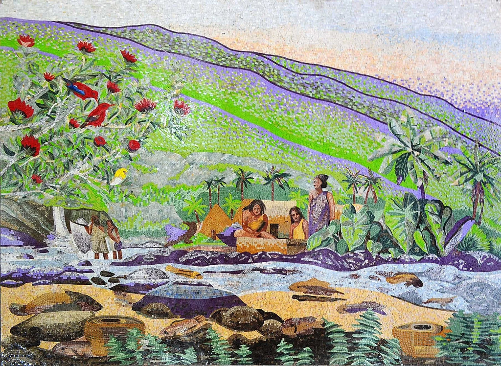 Mosaico ilustrativo de la vida de las personas primitivas