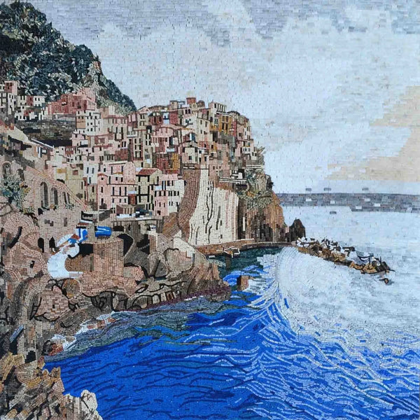 Manarola Italy View Seascape - Marble Mosaic Shower Walls - Mesh Backing