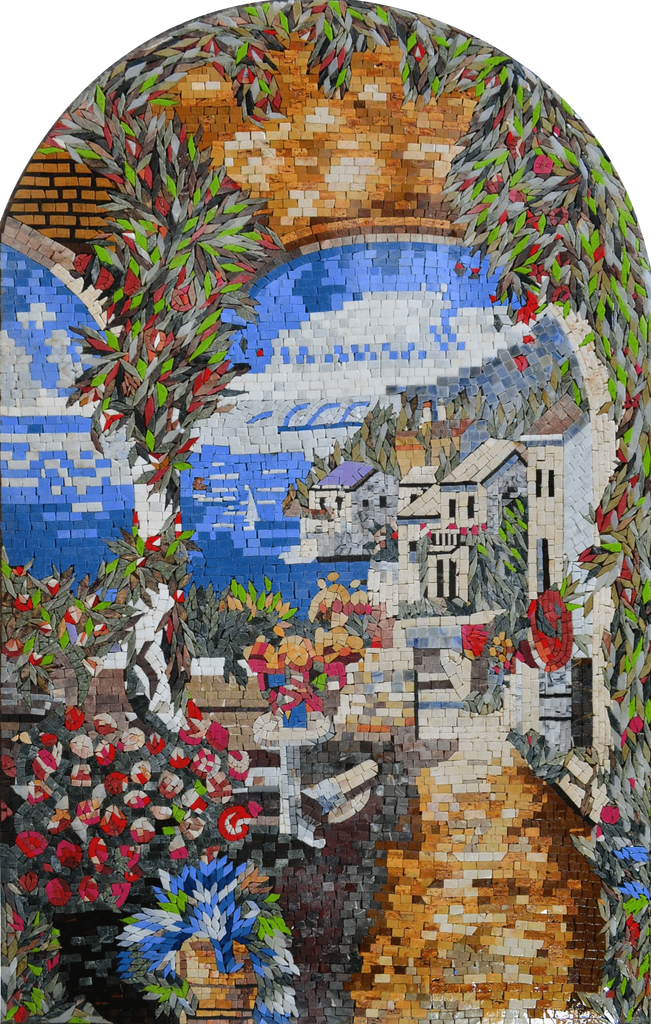 Wunderschönes, natürliches, gewölbtes Mosaik aus Marmor, toskanisches Wandbild, dekorativ