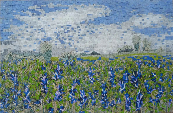 Mosaic Art - Indigo Flower Field | Luxury Handcrafted Stone Mosaic