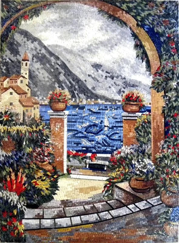Arte mural de mosaico toscano de escena natural