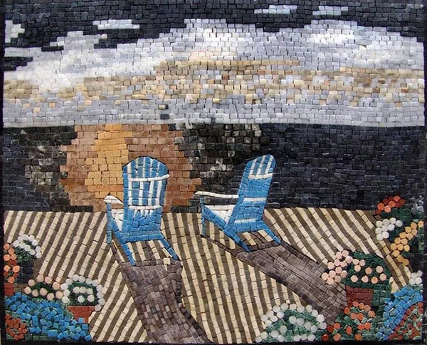 Adirondack Chairs Seascape - Marble Mosaico Mosaic Natural Sea View - Mesh Backing
