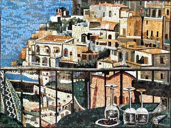 Positano Balcony View - Glass Mosaic Wall Decor Natural Stone - Mesh Backing