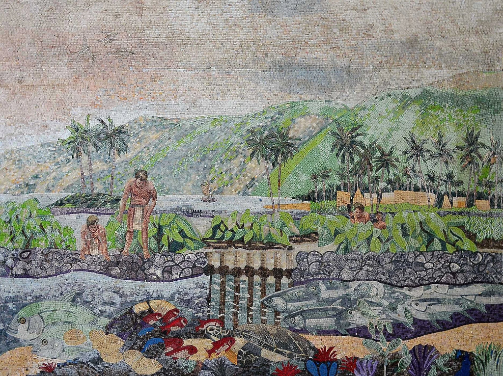 Mosaico ilustrativo de vida de pessoas primitivas
