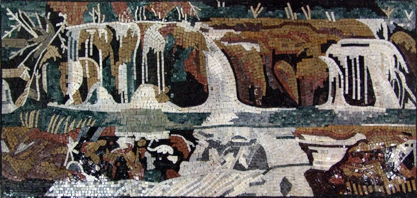 Geometric Falls Scene - Marble Kitchen Mosaic Backsplash River Hand Made - Mesh Backing