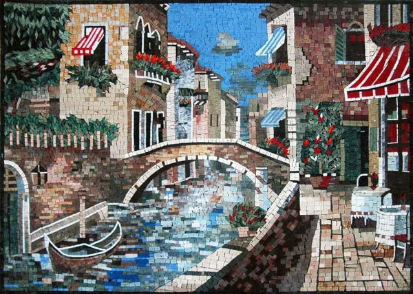 Venice Canal Scene - Flower Mosaic Romantic Art Luxury Handcrafted Natural Stone - Mesh Backing