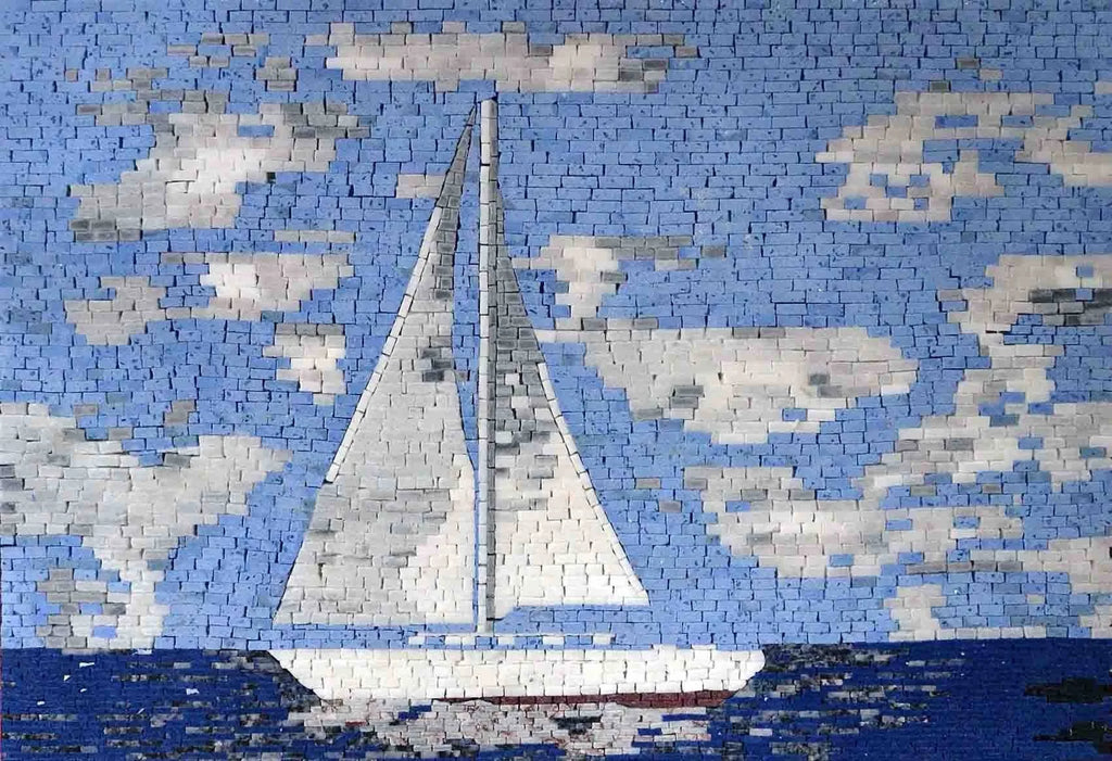 Barco à vela em mosaico de mármore azul mar calmo