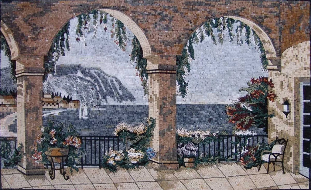 Mosaico toscano in pietra con scena naturale vista mare Murale