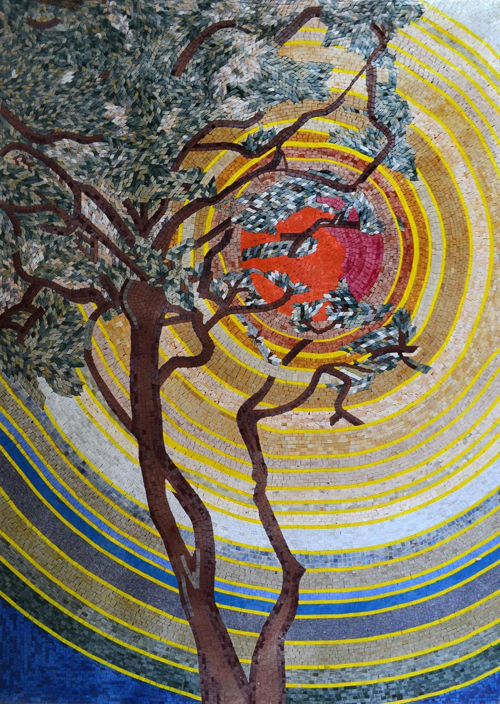 Pôr do sol na arte do mosaico feito à mão na árvore