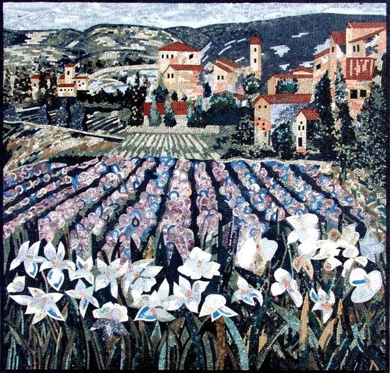 L'art mural en mosaïque toscane de fleurs violettes