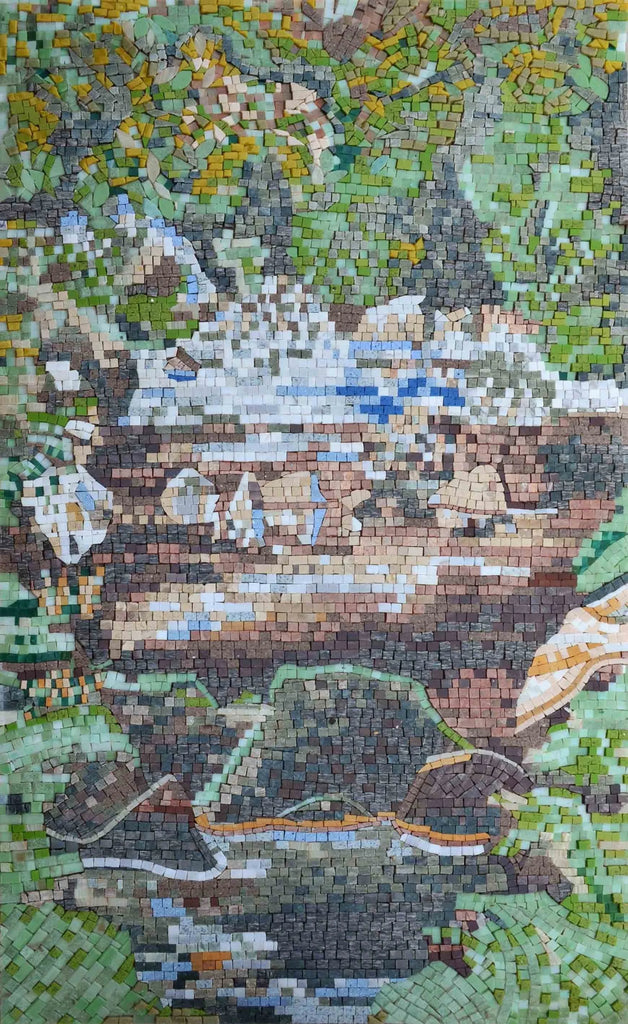 Mosaico di scene di montagna con campane gemelle