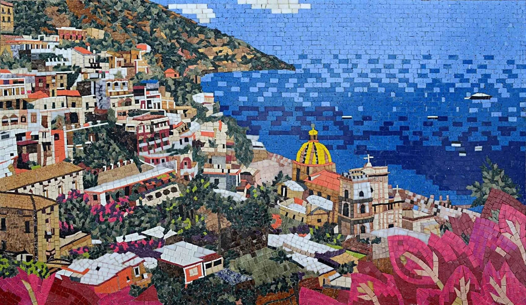 Arte feita à mão em mosaico de mármore com vista para o mar da vila