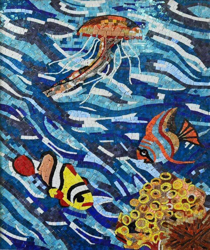 Jellyfish in the Coral Reef Glass Mosaic Art Marine Life&Nautical