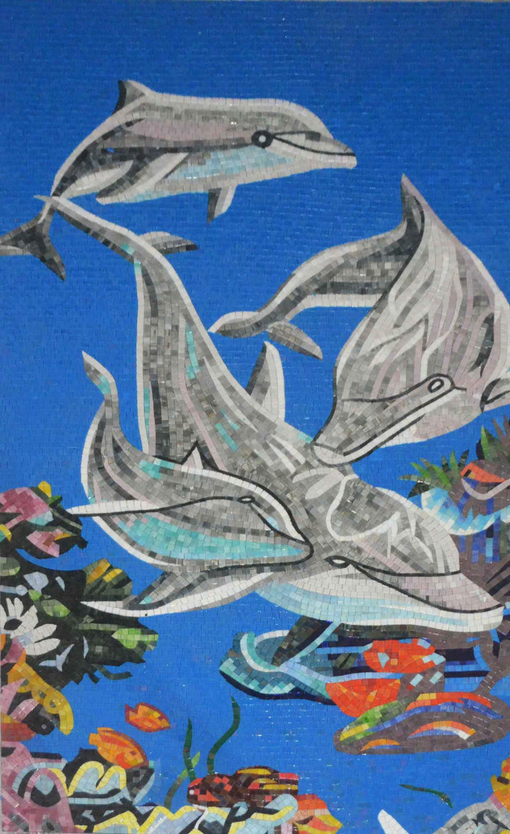 Esquadrão de Golfinhos - Arte em Mosaico de Parede