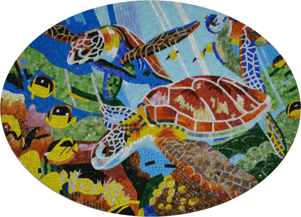 Lively Sea Turtles and Fish Glass Mosaic Mural