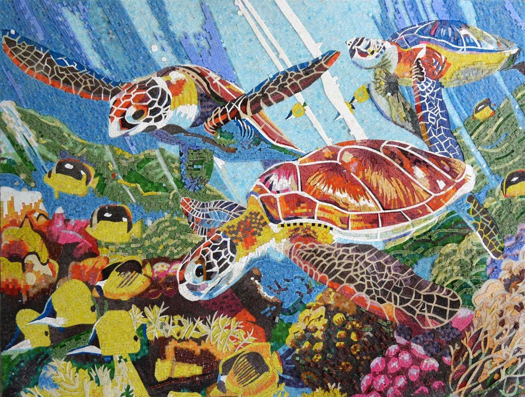 Peinture murale en mosaïque de verre de tortues de mer colorées