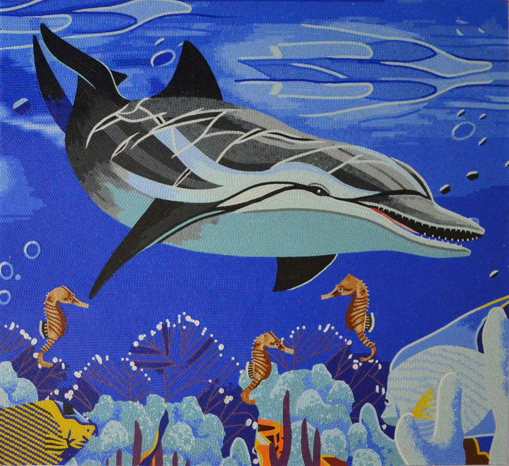 Obra de mosaico: delfines rayados y caballitos de mar | Vida marina y náutica | Mozaico