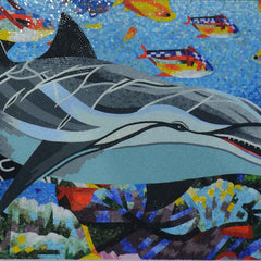 Underwater Dolphin Scene - Glass Buy Handmade Mosaic Art Gleeful Sea Artwork - Mesh Backing