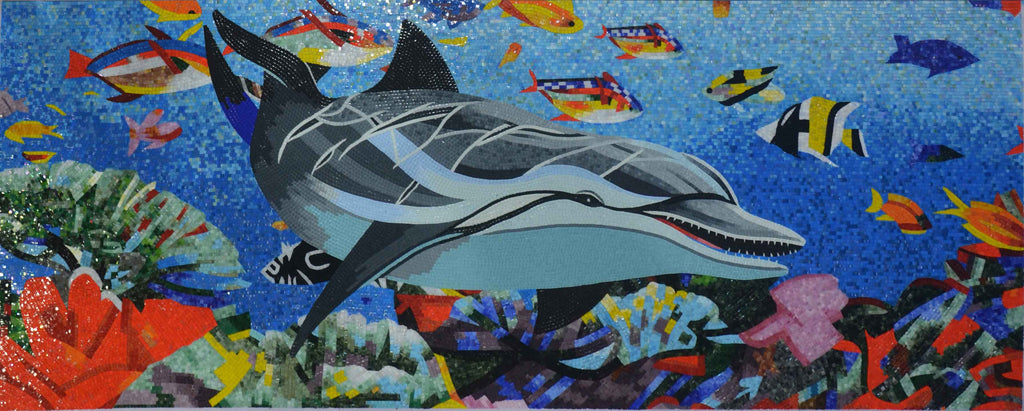 Arte em mosaico de mar alegre com golfinhos subaquáticos