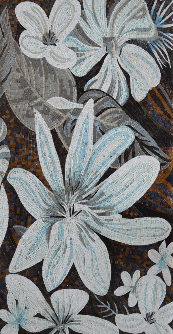 Floral Bloom - Glass Mosaic White And Blue Designs - Mesh Backing