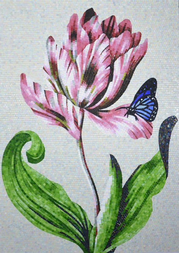 Enchanting Butterfly Pink Flower - Glass Mosaic Art Celosia - Mesh Backing