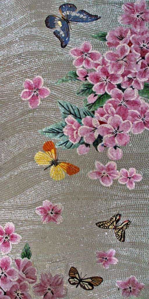 Mural de mosaico de vidro - borboletas e botões de ouro Mozaico