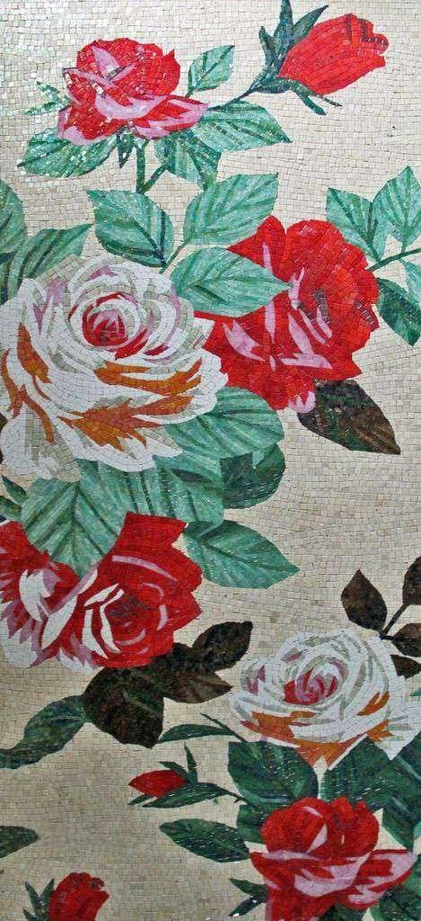 Floral Roses - Glass Mosaic Marble Stone Mosaics Red And White - Mesh Backing